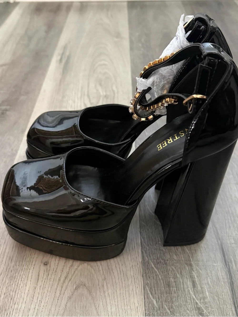 NWOB Patent Platform Block Heels with Rhinestone Ankle Strap - Black Size 10